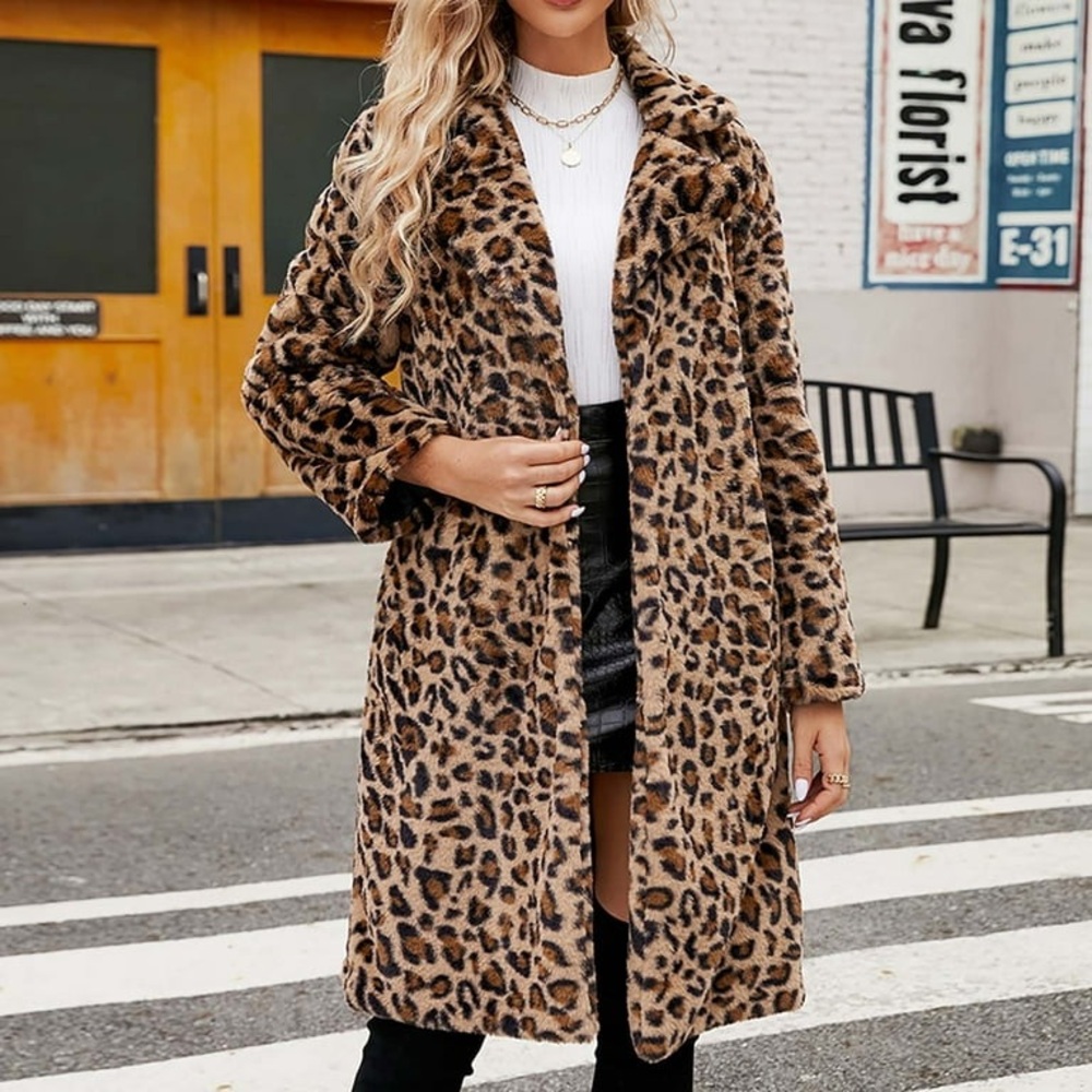 Plus Size Leopard Print Lapel Fuzzy Coat, Casual Long Sleeve Plush Outerwear - Picture 2 of 8